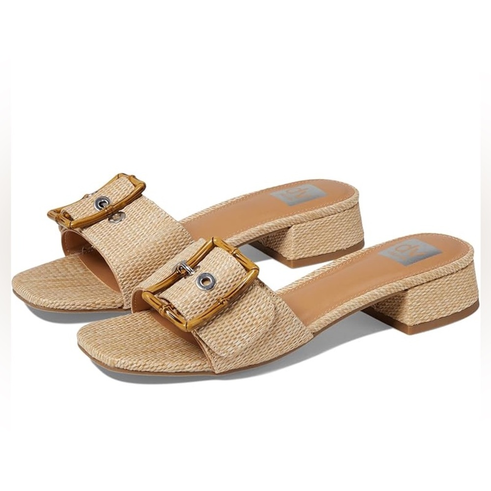 DV Dolce Vita Niece Raffia Block-Heel Buckle Slide Sandals - 9
